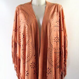 NWT Chico's Womens Peach Willow Cutout Fringe Ruana Eyelet Shawl One Size